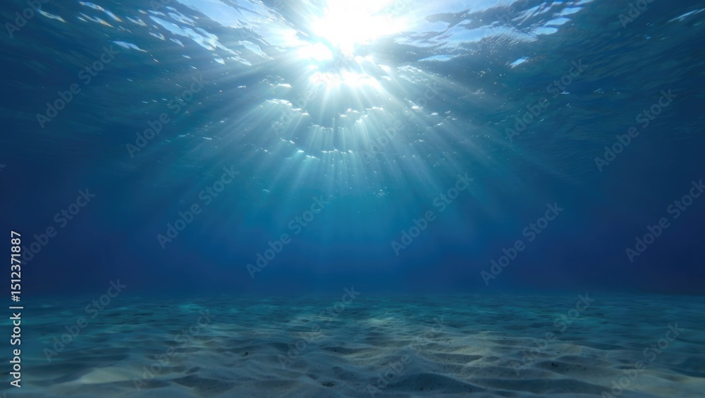 Fototapeta premium Underwater sunlight beams ocean floor sandy seabed