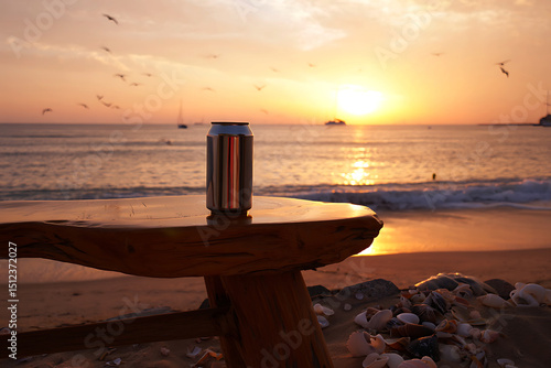 Sunset Beachside Drink Spot with a Rustic Table