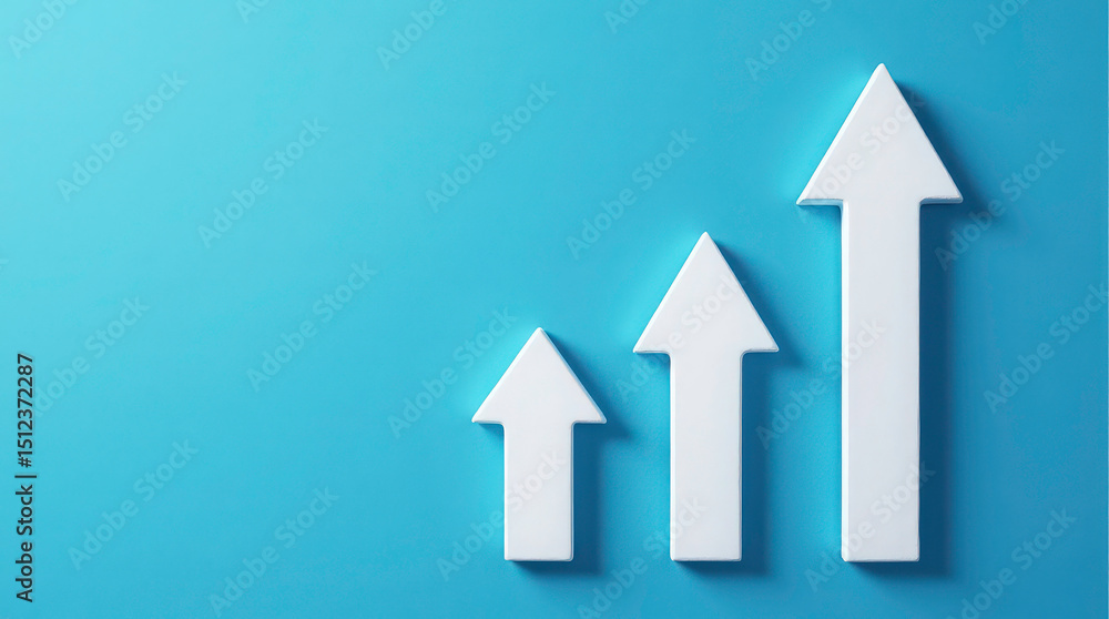 Fototapeta premium Three white arrows pointing up symbolize growth and progress on a textured blue background