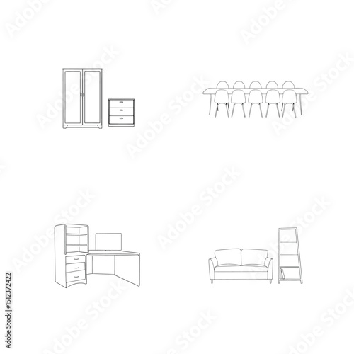Minimalist line art illustrations of various furniture pieces for home interior design