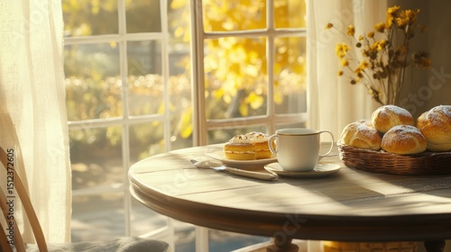 Small round dining table in a cozy breakfast nook with pastries, coffee mugs, and morning light streaming in