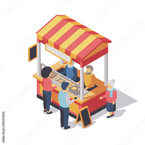 An isometric food stand with customers and vendors under a striped awning