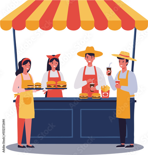 A vibrant food stall with four workers selling burgers and drinks