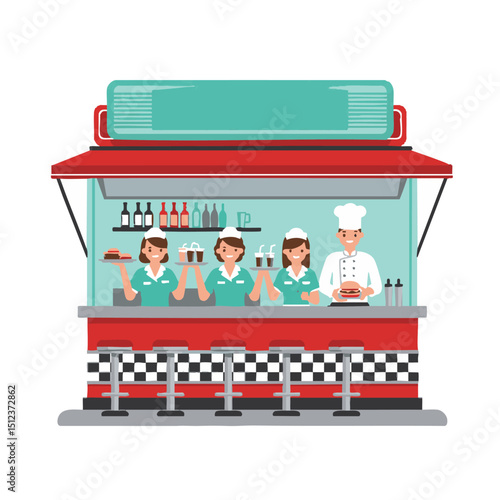Diner scene shows three waitresses serving orders and a chef holding a burger at a retrostyle diner counter