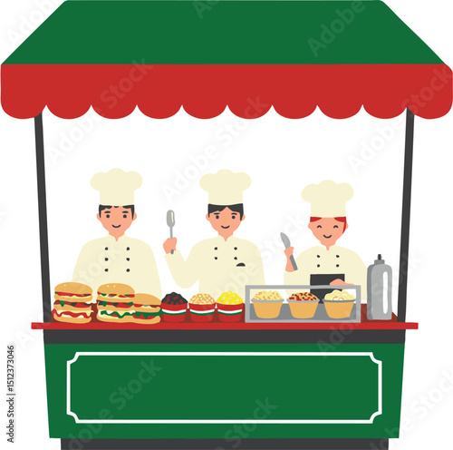 Three chefs stand behind a food stand selling burgers and snacks under a green and red awning