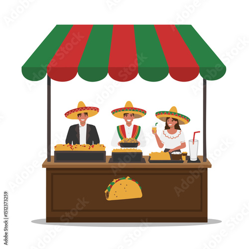 Mexican food stall three vendors wearing sombreros