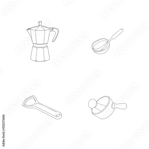Line art illustration featuring coffee maker ice cream scoop bottle opener and citrus juicer