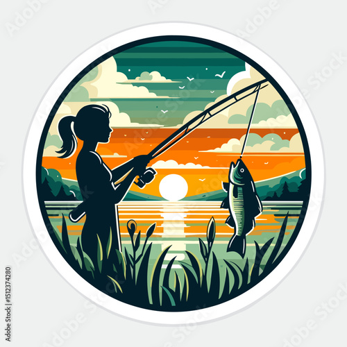 Freshwater fish catch illustration of girl fishing at sunset with caught fish