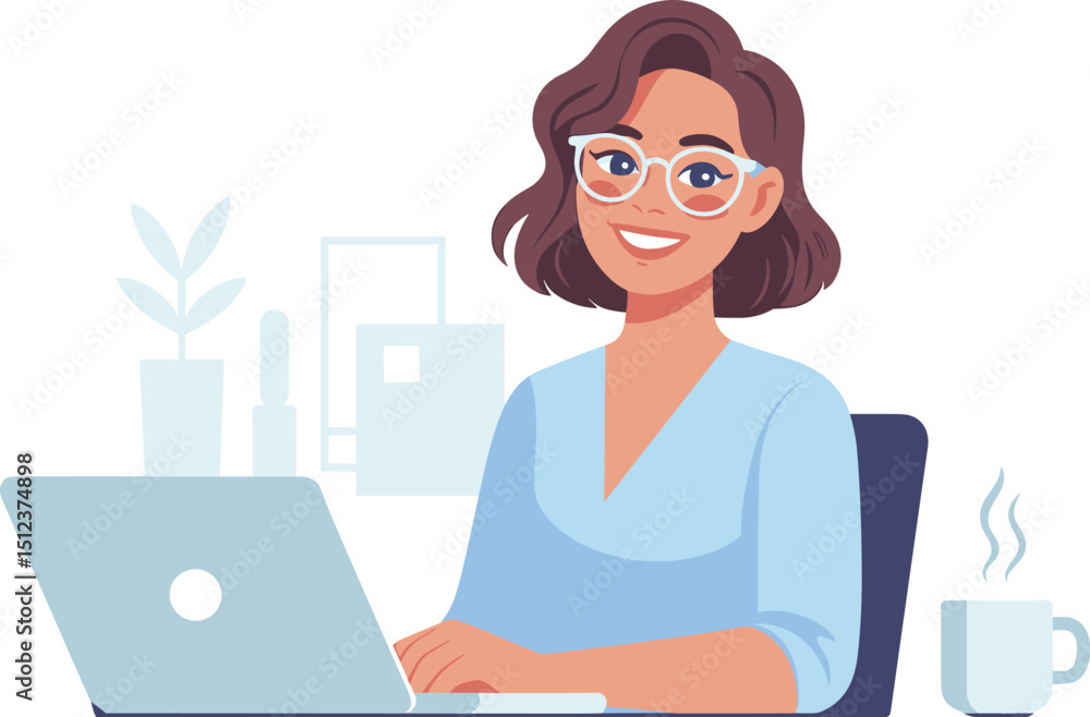 Smiling Professional Woman Working on Laptop in Modern Workspace llustrative Office Setup with Coffee, Glasses, and Plants - Business Productivity Concept Smiling Professional Woman Working on Laptop in Modern Workspace llustrative Office Setup with Coffee, Glasses, and Plants - Business Productivity Concept