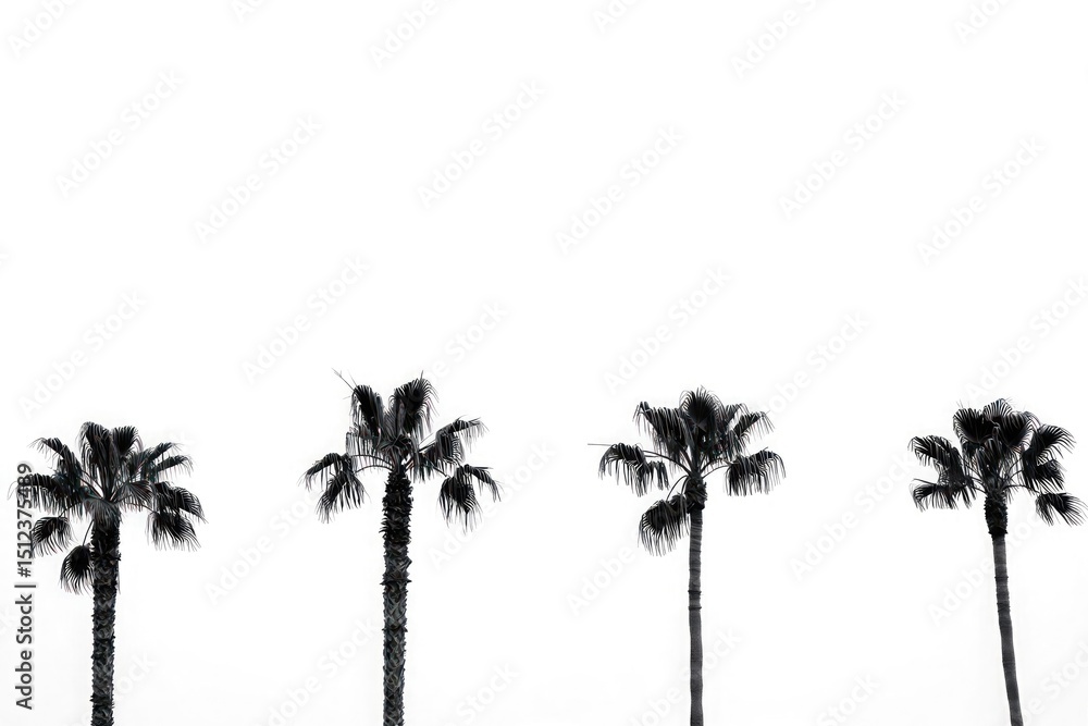 Four silhouetted palm trees against white sky Four silhouetted palm trees against white sky