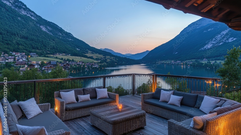 Obraz premium Elevated view of rustic chalet with glowing lights and large wooden deck facing alpine lake and peaks