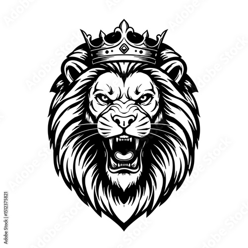Bold black and white roaring lion head with a crown, stylized for tattoo or logo use.