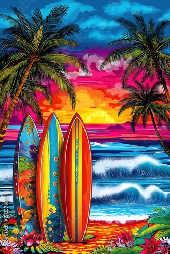Surfboards at the beach in Hawaii. Summer flier design. Generative Ai