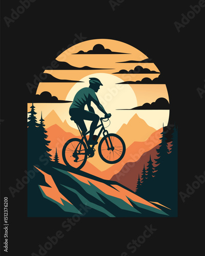 T-shirt design Mountain biking vector illustration with sunset background for adventure sports, cycling art, and outdoor fitness design
