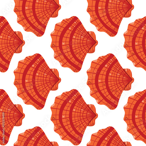 Seamless Pattern of Vibrant Red Seashells with Elegance. Bright illustration of red seashells arranged in a seamless pattern. Ideal for design projects needing an aquatic or beach feel.