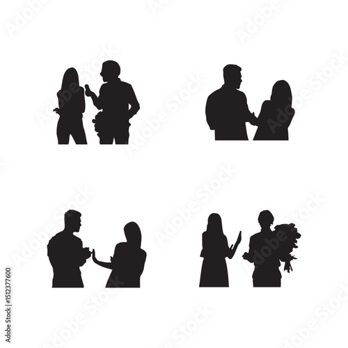 Young woman rejecting a marriage proposal silhouette. A young handsome man is making a proposal of marriage, but the young woman is refusing him silhouette set White Background