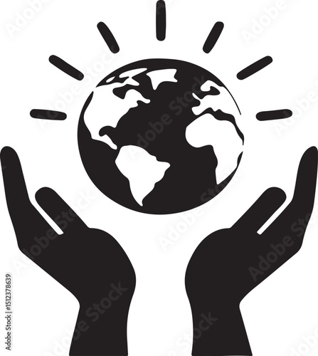 Illustration of the earth surrounded by light held with protecting hands in black and white
