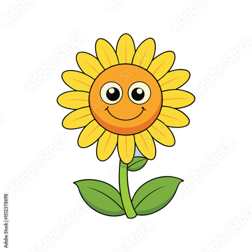 Cute smiling sunflower cartoon vector illustration for kids books, nursery prints, stickers, and educational material