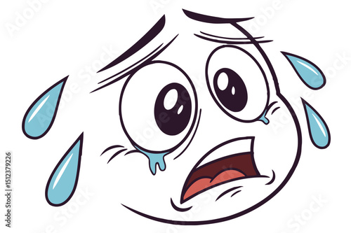 Cartoon crying face emoji with big tears vector illustration