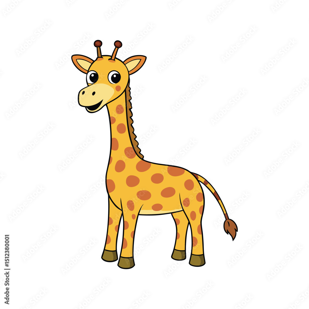 Obraz premium Adorable giraffe cartoon vector character for kids' learning books, wildlife themes, zoo posters, and animal educational content
