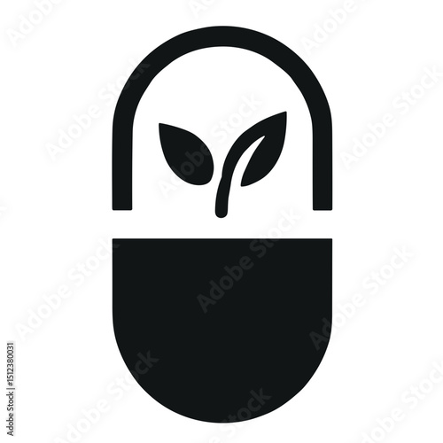 Eco-friendly pill capsule vector icon featuring a leaf symbol on transparent background for natural health concept