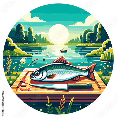 Freshwater fish catch illustration featuring caught fish and knife on dock by river