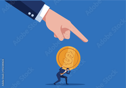 Flat Vector Businessman Carrying Heavy Money Burden, Pointing Hand