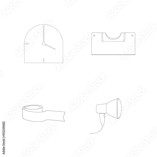 Minimalist line art illustrations of everyday objects including clock tape dispenser and hairdryer