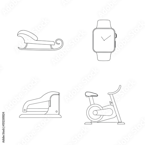 Vector illustration of various objects including sleigh stapler watch and exercise bike