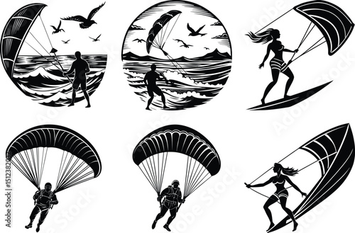 Extreme Water Sports Silhouettes Kitesurfing, Parasailing, and Windsurfing Designs