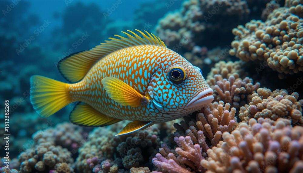 Obraz premium Underwater fish in coral reef: a vibrant, beautifully patterned fish elegantly navigates the captivating world of the coral reef, a kaleidoscope of life beneath the ocean's surface.