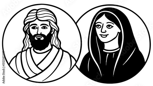 Jesus and mary portraits in connected circles art  vector, silhouette, illustration, horizontal, isolated assets, 