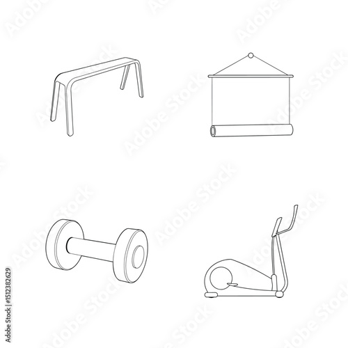 Outline illustration of gym equipment and accessories for fitness and exercise workouts
