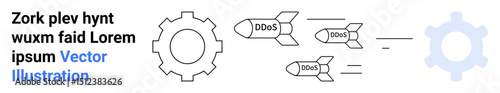 Missiles labeled DDoS striking a gear, symbolizing cybersecurity threats, system overload, and digital resilience. Ideal for technology, IT security, risk management, innovation, data and simple