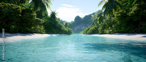 Tropical Island River Scene With Lush Vegetation And White Sand Beach