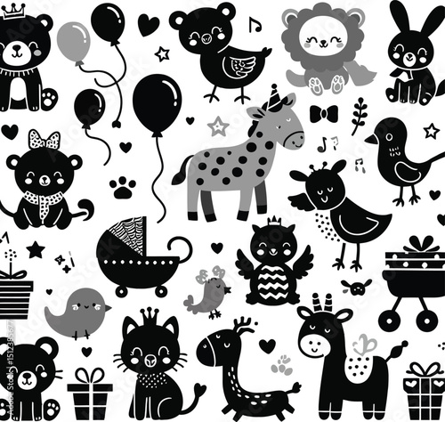 Funny cartoon farm animals seamless pattern with cute pets and monsters