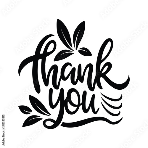 Thank You Handwritten Lettering with Leaf Decoration – Calligraphy Vector for Cards, Invitations, and Prints