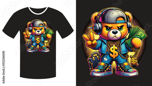 Streetwise Teddy: A Vibrant Cartoon Illustration of a Hip-Hop Bear T Shirtr
