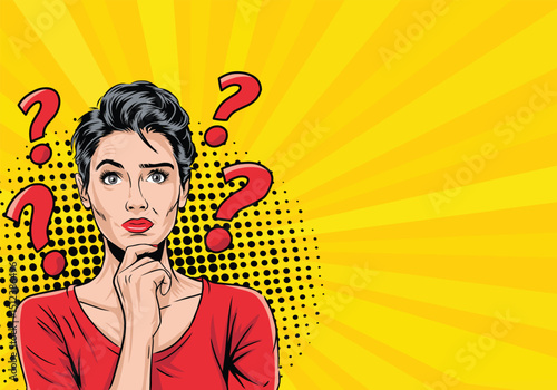 Young beautiful woman in pop art style is pensive. On yellow background. Pop art vector comic style