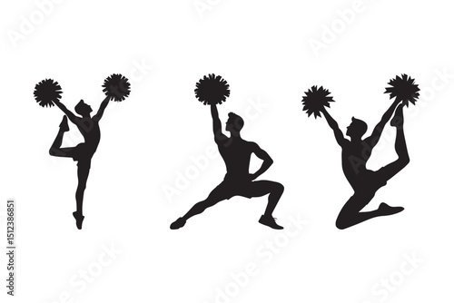 Set of male cheerleader dancer silhouette on white background.