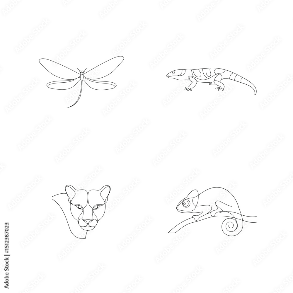Obraz premium Simple line art illustrations of animals including dragonfly lizard cougar and chameleon