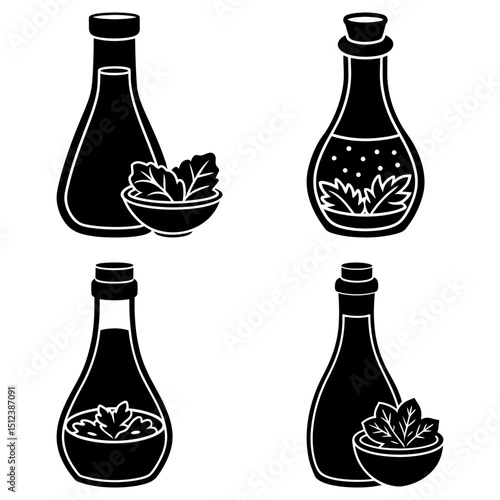 Four stylized bottles with stoppers and bowls of herbs in a black and white vector illustration