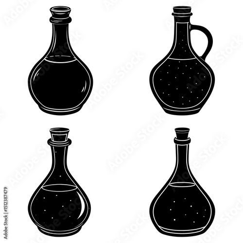 Four black and white vintage style bottles with different shapes and liquid contents displayed