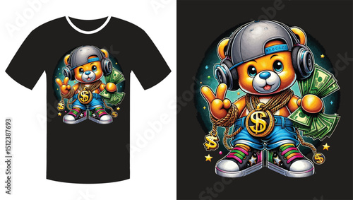 Streetwise Teddy: A Vibrant Cartoon Illustration of a Hip-Hop Bear T Shirtr