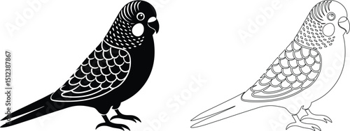 Budgerigar Bird Illustration with Silhouette and Outline Style