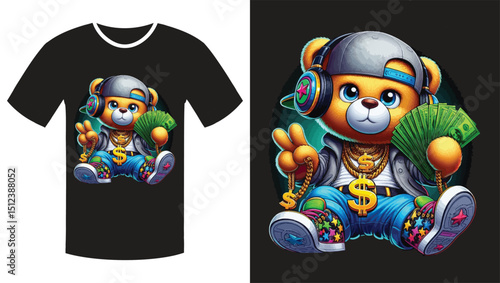 Streetwise Teddy: A Vibrant Cartoon Illustration of a Hip-Hop Bear T Shirtr