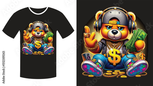 Streetwise Teddy: A Vibrant Cartoon Illustration of a Hip-Hop Bear T Shirtr