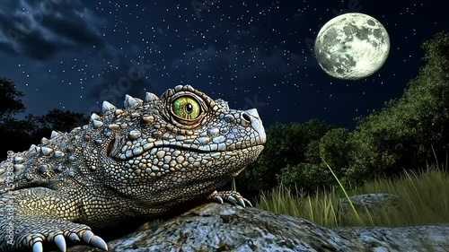 Enigmatic armored lizard basking in moonlit serenity, fantasy nocturnal scene