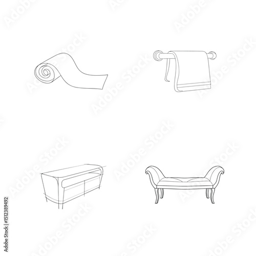 Line art illustrations of furniture and bathroom fixtures displayed in simple black outlines