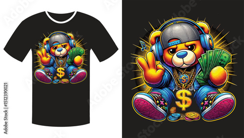 Streetwise Teddy: A Vibrant Cartoon Illustration of a Hip-Hop Bear T Shirtr